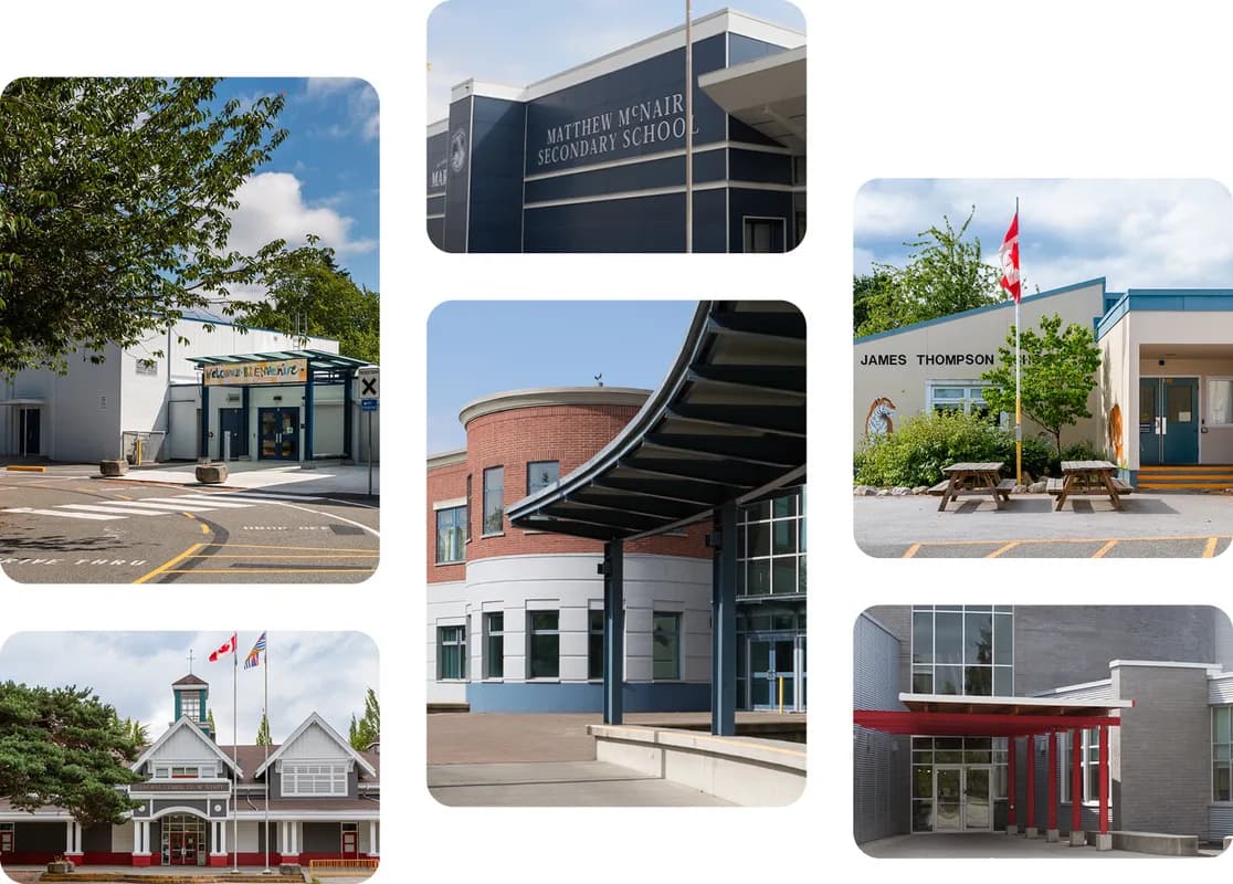 A collage of school buildings and grounds in Richmond School District 38.