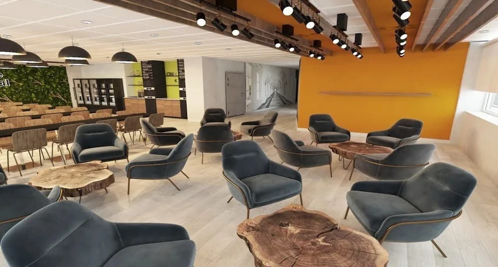 Lounge seating inside College National’s Montreal campus.