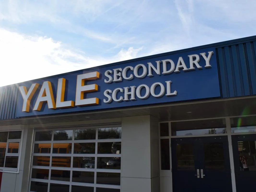 Yale Secondary School sign in Abbotsford, British Columbia.